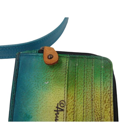 Anuschka Leather Crossbody Purse Wallet Teal Blue Feather Peacock Hand Painted - Picture 14 of 16